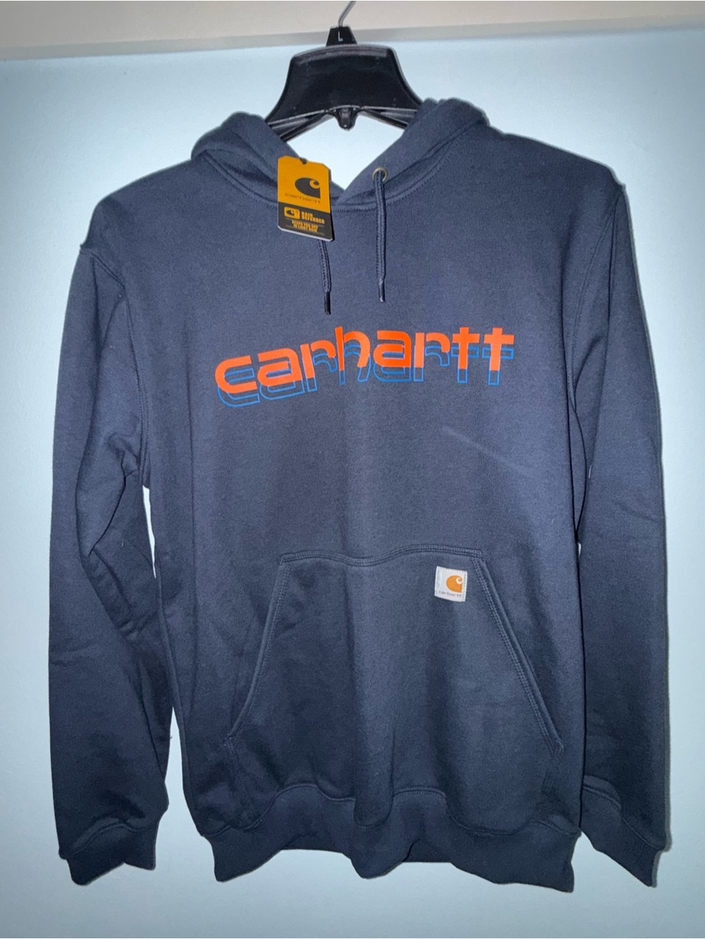 Carhartt Rain Defender Navy Hoodie with Orange & Blue Logo Loose fit Midweight